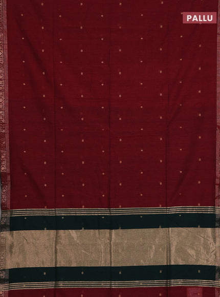 Bengal soft cotton saree maroon and dark green with allover thread woven buttas and zari woven border