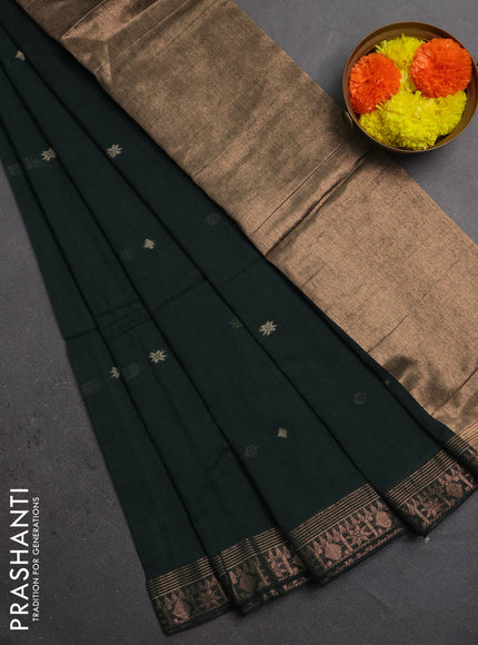 Bengal soft cotton saree bottle green with allover thread woven buttas and zari woven border