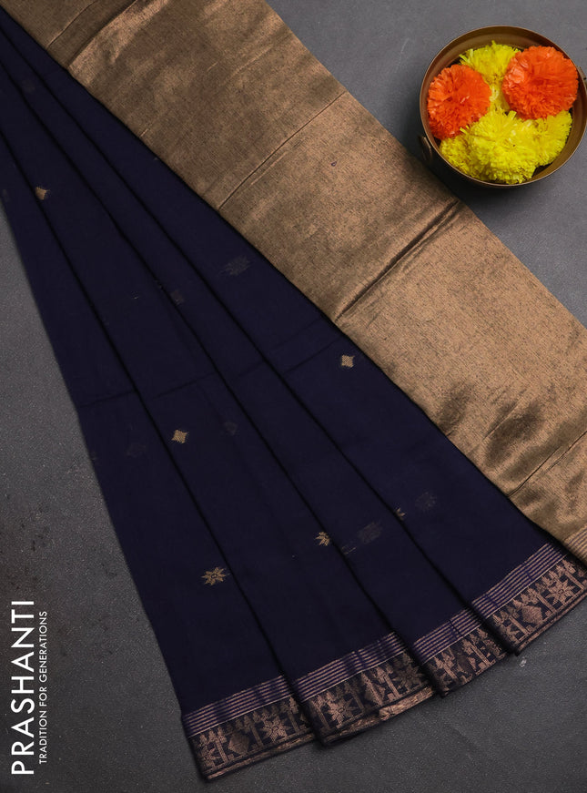 Bengal soft cotton saree navy blue with allover thread woven buttas and zari woven border