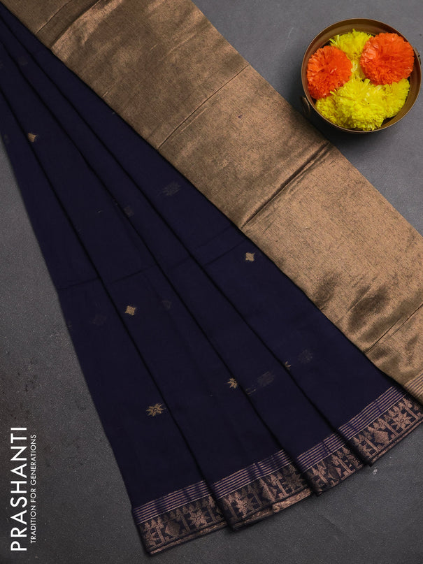 Bengal soft cotton saree navy blue with allover thread woven buttas and zari woven border