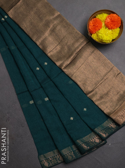 Bengal soft cotton saree peacock green with allover thread woven buttas and zari woven border