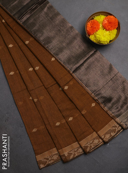 Bengal soft cotton saree dark mustard with allover thread woven buttas and thread woven border