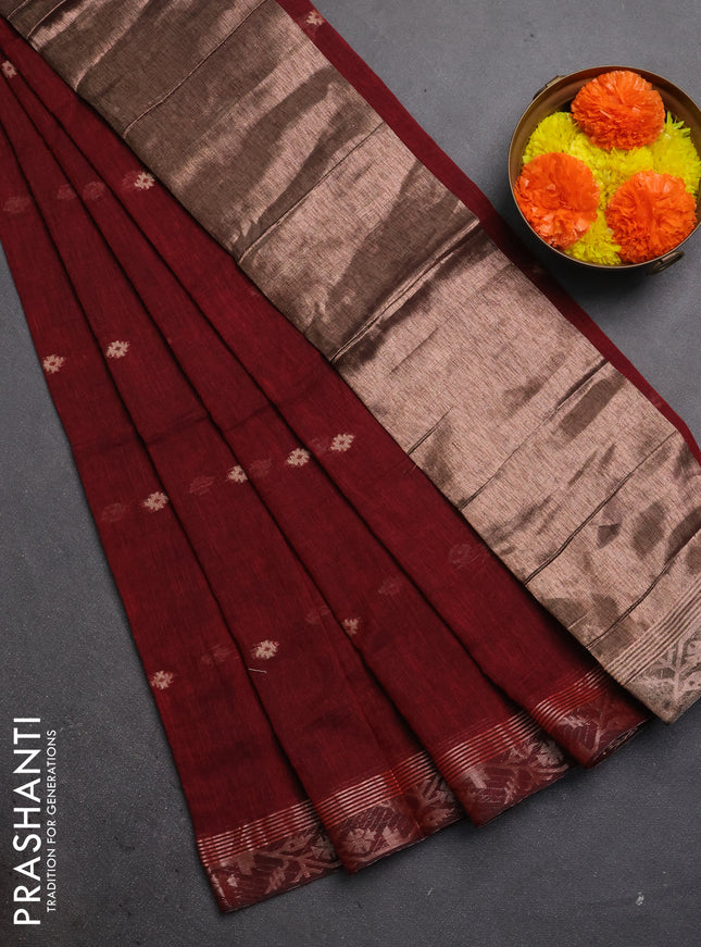 Bengal soft cotton saree deep maroon with allover thread woven buttas and zari woven border