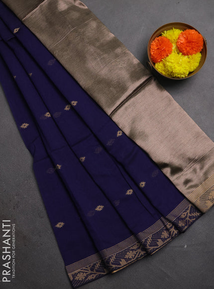 Bengal soft cotton saree navy blue with allover thread woven buttas and zari woven border