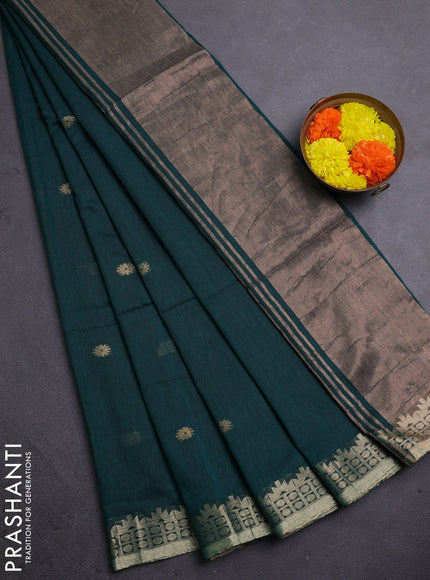 Bengal soft cotton saree peacock green with allover thread woven buttas and zari woven border