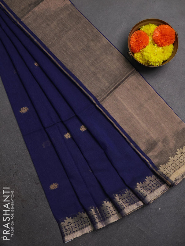 Bengal soft cotton saree navy blue with allover thread woven buttas and zari woven border
