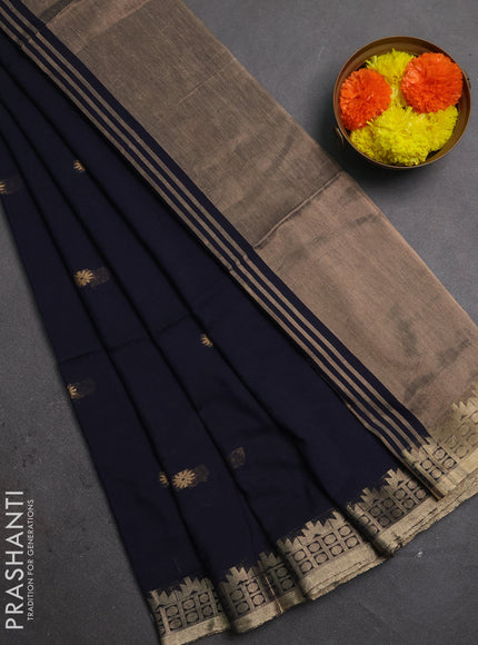 Bengal soft cotton saree navy blue with allover thread woven buttas and zari woven border