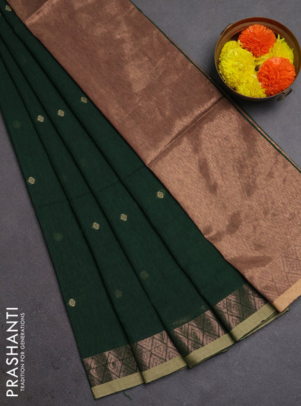 Bengal soft cotton saree bottle green with allover thread woven buttas and zari woven border