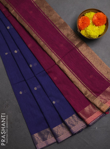 Bengal soft cotton saree navy blue and pink with allover thread woven buttas and zari woven border