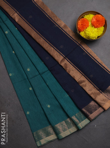 Bengal soft cotton saree teal green and navy blue with allover thread woven buttas and zari woven border