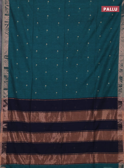 Bengal soft cotton saree teal green and navy blue with allover thread woven buttas and zari woven border