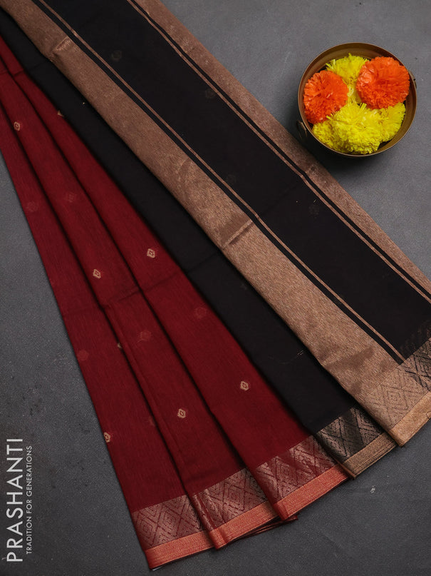 Bengal soft cotton saree maroon and black with allover thread woven buttas and zari woven border