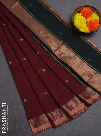 Bengal soft cotton saree maroon and green with allover thread woven buttas and zari woven border