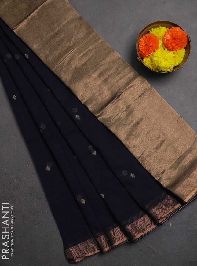 Bengal soft cotton saree navy blue with allover thread woven buttas and zari woven border
