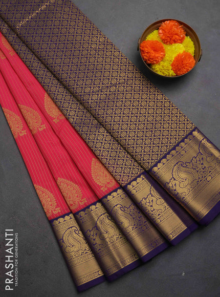 Semi kanchipuram silk saree pink and blue with allover zari weaves & buttas and peacock zari woven korvai border