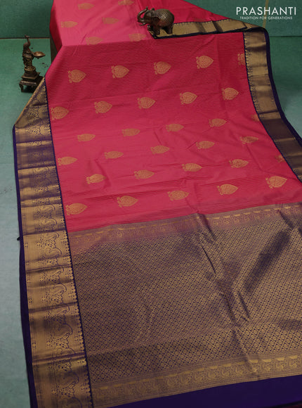 Semi kanchipuram silk saree pink and blue with allover zari weaves & buttas and peacock zari woven korvai border