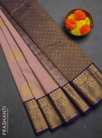 Semi kanchipuram silk saree pastel pink and blue with allover zari weaves & buttas and peacock zari woven korvai border