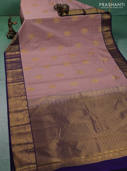 Semi kanchipuram silk saree pastel pink and blue with allover zari weaves & buttas and peacock zari woven korvai border