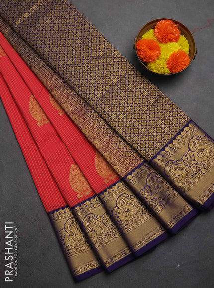 Semi kanchipuram silk saree red shade and blue with allover zari weaves & buttas and peacock zari woven korvai border