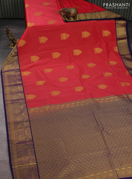 Semi kanchipuram silk saree red shade and blue with allover zari weaves & buttas and peacock zari woven korvai border
