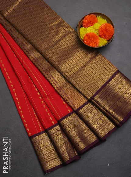 Semi kanchipuram silk saree red and deep maroon with allover zari weaves & buttas and zari woven korvai border