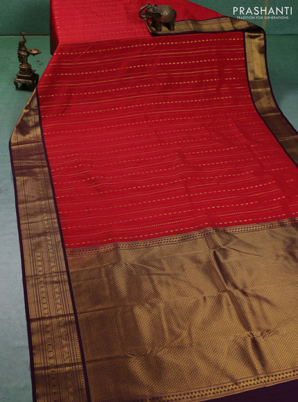 Semi kanchipuram silk saree red and deep maroon with allover zari weaves & buttas and zari woven korvai border