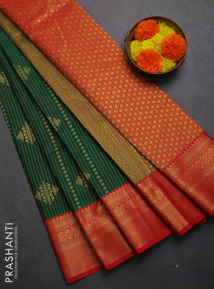 Semi kanchipuram silk saree green and red with allover zari weaves & buttas and zari woven korvai border