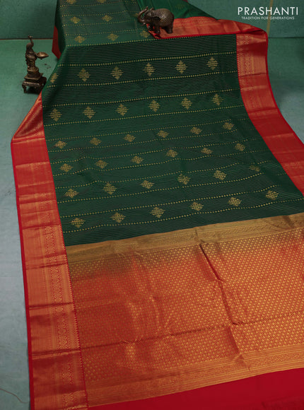 Semi kanchipuram silk saree green and red with allover zari weaves & buttas and zari woven korvai border