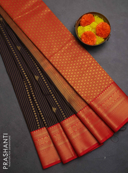 Semi kanchipuram silk saree coffee brown and red with allover zari weaves & buttas and zari woven korvai border