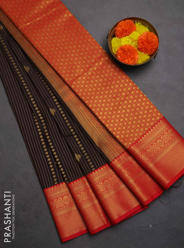 Semi kanchipuram silk saree coffee brown and red with allover zari weaves & buttas and zari woven korvai border