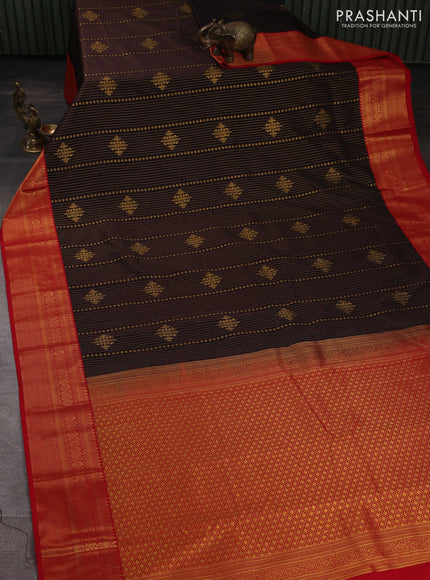 Semi kanchipuram silk saree coffee brown and red with allover zari weaves & buttas and zari woven korvai border