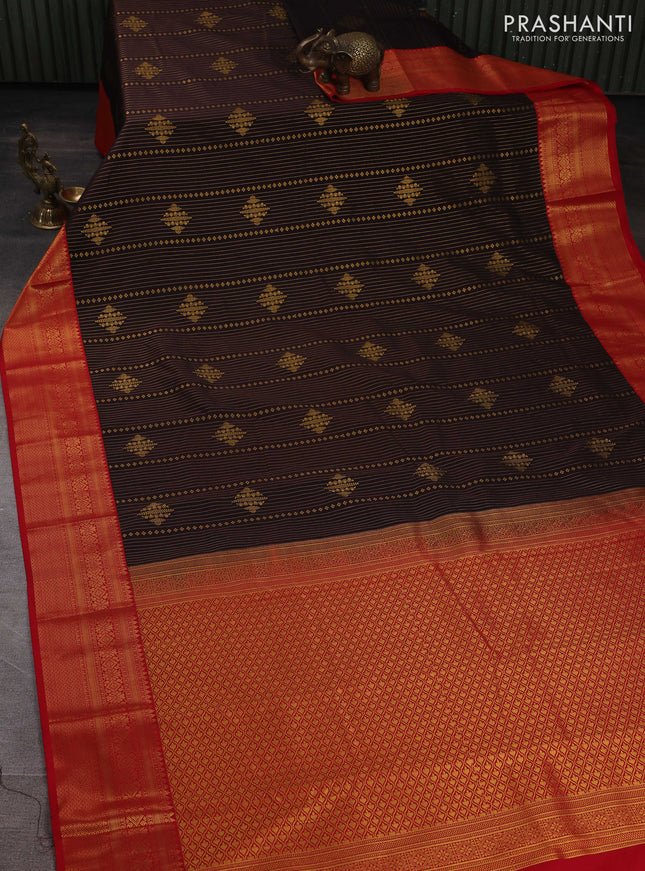 Semi kanchipuram silk saree coffee brown and red with allover zari weaves & buttas and zari woven korvai border