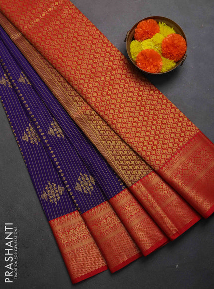 Semi kanchipuram silk saree violet and red with allover zari weaves & buttas and zari woven korvai border