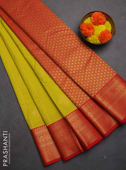 Semi kanchipuram silk saree lime yellow and red with allover zari weaves & buttas and zari woven korvai border