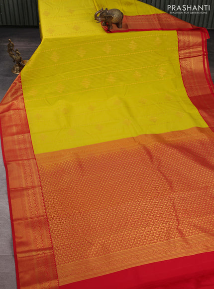 Semi kanchipuram silk saree lime yellow and red with allover zari weaves & buttas and zari woven korvai border