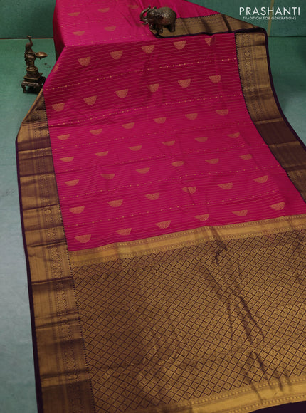 Semi kanchipuram silk saree pink and wine shade with allover zari weaves and zari woven korvai border