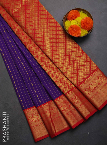 Semi kanchipuram silk saree violet and red with allover zari weaves and zari woven korvai border