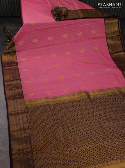 Semi kanchipuram silk saree light pink and wine shade with allover zari weaves and zari woven korvai border