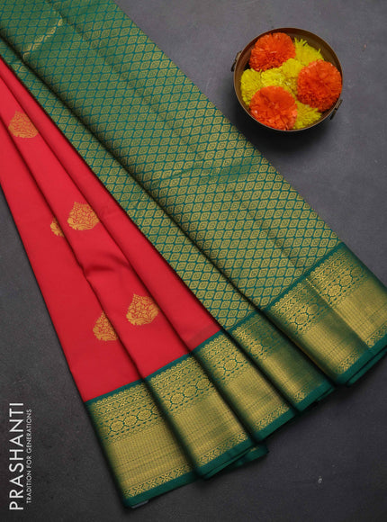 Semi kanchipuram silk saree tomato pink and green with zari woven buttas and zari woven border