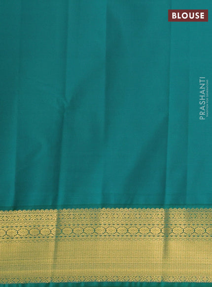 Semi kanchipuram silk saree tomato pink and green with zari woven buttas and zari woven border