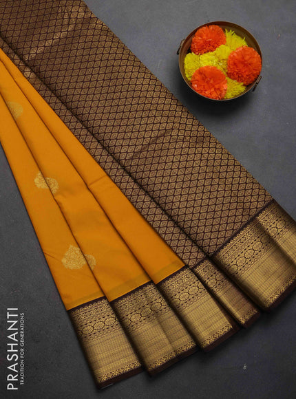 Semi kanchipuram silk saree mustard yellow and coffee brown with zari woven buttas and zari woven border