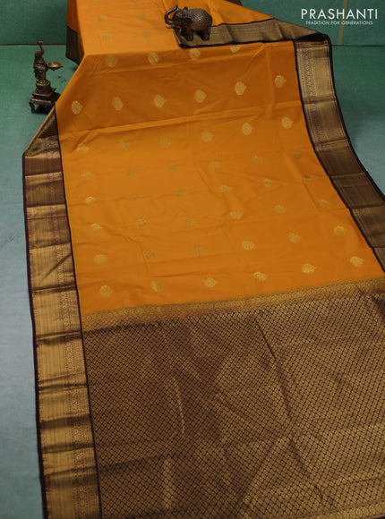 Semi kanchipuram silk saree mustard yellow and coffee brown with zari woven buttas and zari woven border