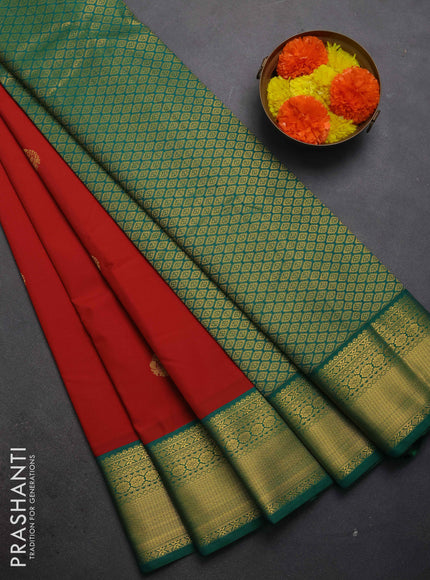 Semi kanchipuram silk saree red and green with zari woven buttas and zari woven border