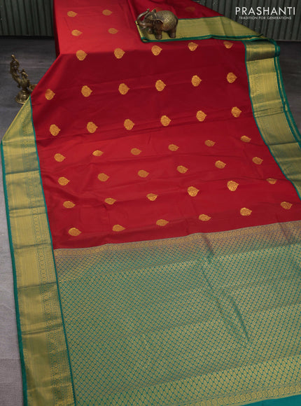 Semi kanchipuram silk saree red and green with zari woven buttas and zari woven border