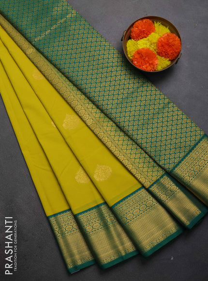Semi kanchipuram silk saree lime yellow and green with allover zari woven buttas and zari woven border