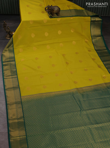 Semi kanchipuram silk saree lime yellow and green with allover zari woven buttas and zari woven border