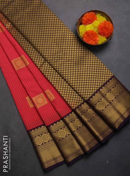 Semi kanchipuram silk saree tomato pink and deep purple with allover zari weaves & buttas and zari woven border