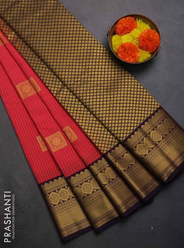 Semi kanchipuram silk saree tomato pink and deep purple with allover zari weaves & buttas and zari woven border
