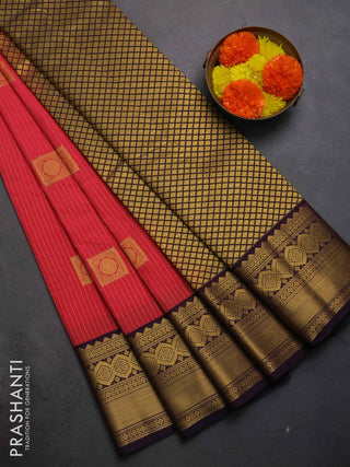 Semi kanchipuram silk saree tomato pink and deep purple with allover zari weaves & buttas and zari woven border