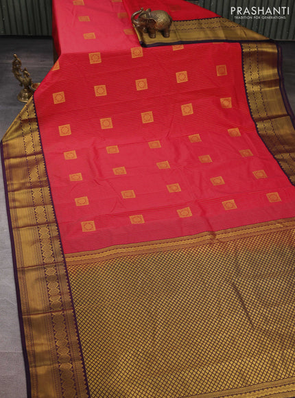 Semi kanchipuram silk saree tomato pink and deep purple with allover zari weaves & buttas and zari woven border
